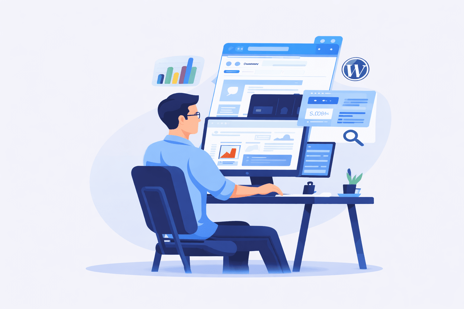**Alt text:** Web developer designing a WordPress website on a computer.
